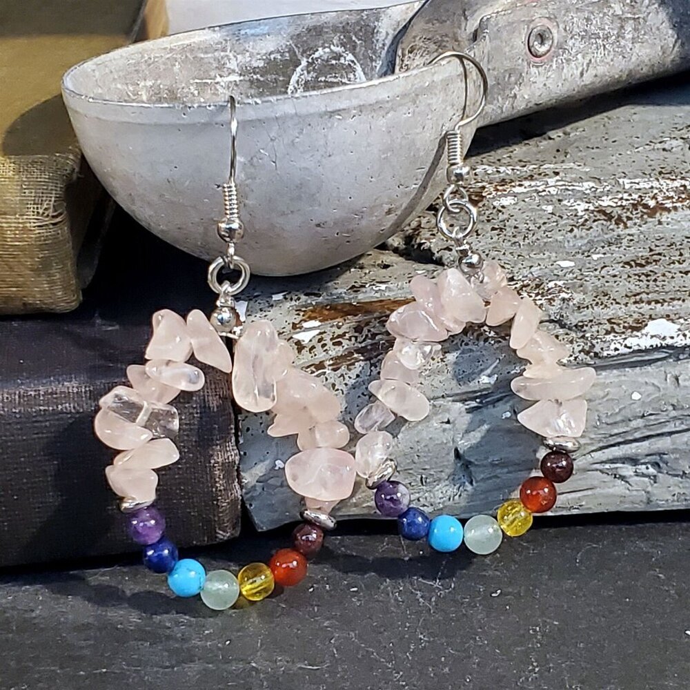 Artisan Rose Quartz 7 Chakras Yoga Om Mindful Gemstone Beads Teardrop Earrings